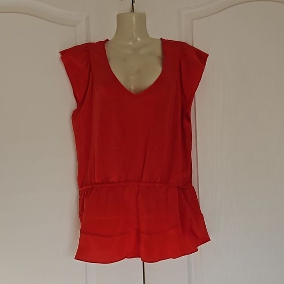 Joe Fresh Ladies Silk Blouse Elastic Waist With Peplum Hem Small Red - Picture 1 of 16